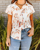 Western Horse Print Button-Down Blouse – Cream Short Sleeve Rodeo Top - Cowhide and Conchos