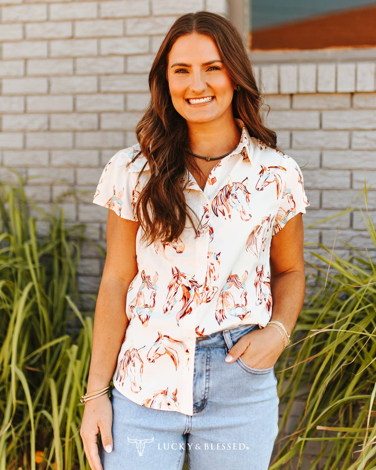 Western Horse Print Button-Down Blouse – Cream Short Sleeve Rodeo Top - Cowhide and Conchos