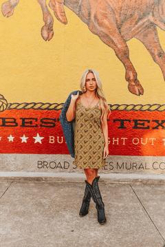 Western Horse Printed Spaghetti Strap Dress - Cowhide and Conchos