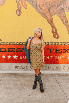 Western Horse Printed Spaghetti Strap Dress - Cowhide and Conchos