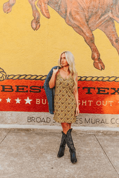 Western Horse Printed Spaghetti Strap Dress - Cowhide and Conchos