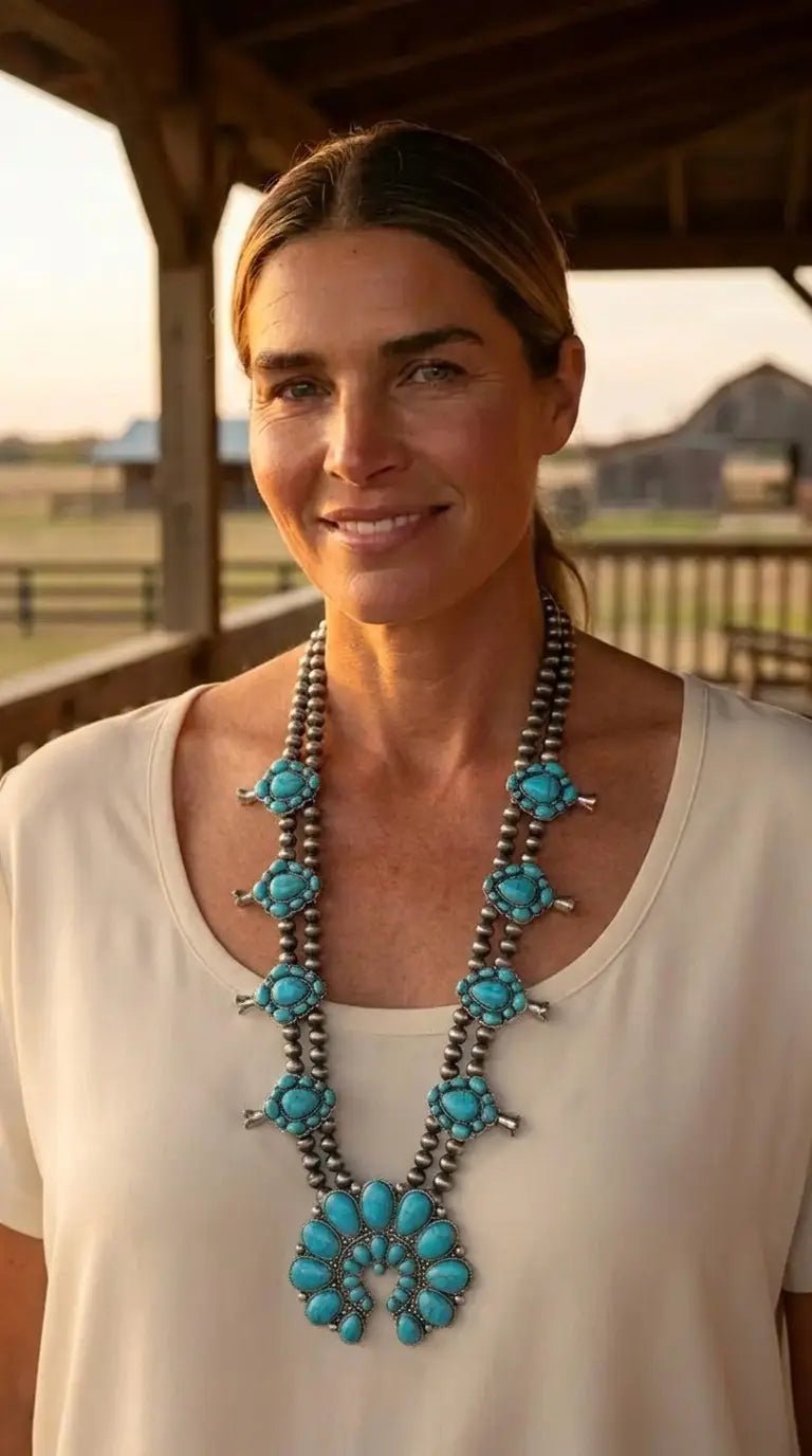 Western Huge Double-Strand Faux Turquoise Squash Blossom Statement Necklace — 32 Inch - Cowhide and Conchos