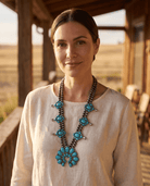 Western Huge Double-Strand Faux Turquoise Squash Blossom Statement Necklace — 32 Inch - Cowhide and Conchos
