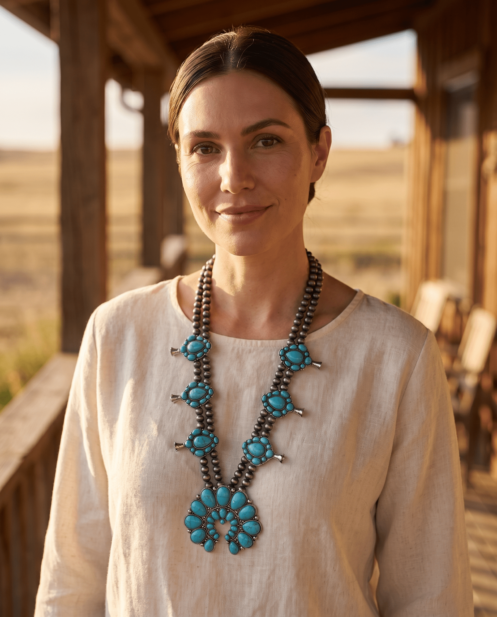 Western Huge Double-Strand Faux Turquoise Squash Blossom Statement Necklace — 32 Inch - Cowhide and Conchos