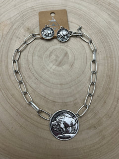 Western Large Buffalo Coin Choker & Earring Set - 14 inch + 3 - Cowhide and Conchos