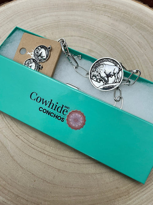 Western Large Buffalo Coin Choker & Earring Set - 14 inch + 3 - Cowhide and Conchos
