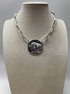Western Large Buffalo Coin Choker & Earring Set - 14 inch + 3 - Cowhide and Conchos