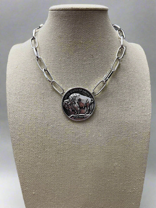 Western Large Buffalo Coin Choker & Earring Set - 14 inch + 3 - Cowhide and Conchos