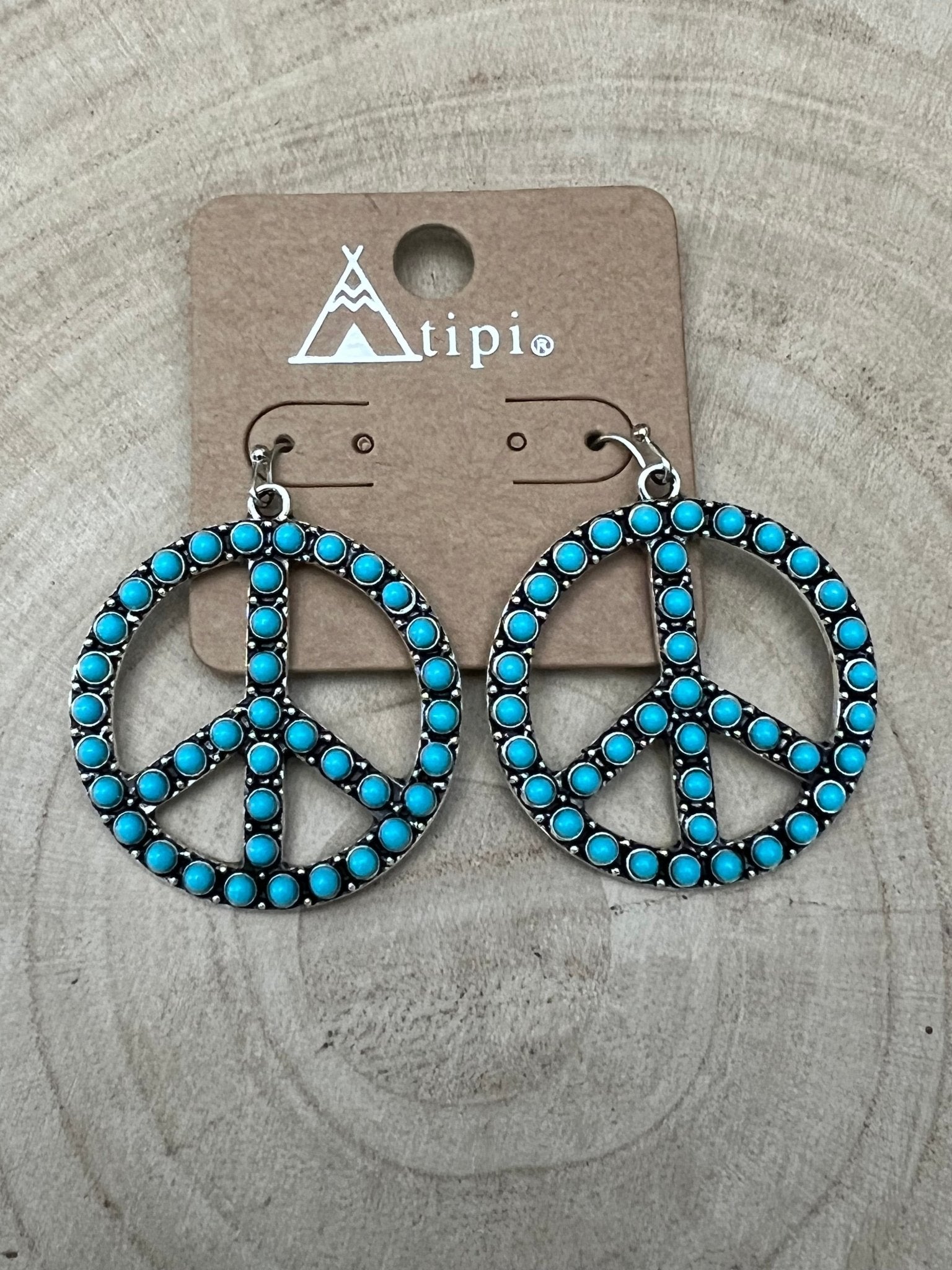 Western Large Peace Sign Dangle Earrings - Cowhide and Conchos