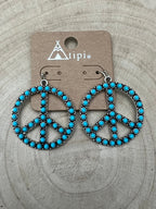 Western Large Peace Sign Dangle Earrings - Cowhide and Conchos