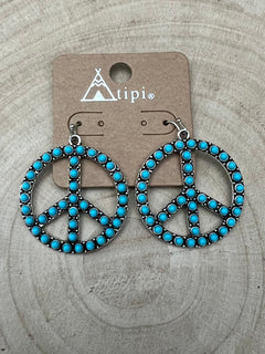 Western Large Peace Sign Dangle Earrings - Cowhide and Conchos