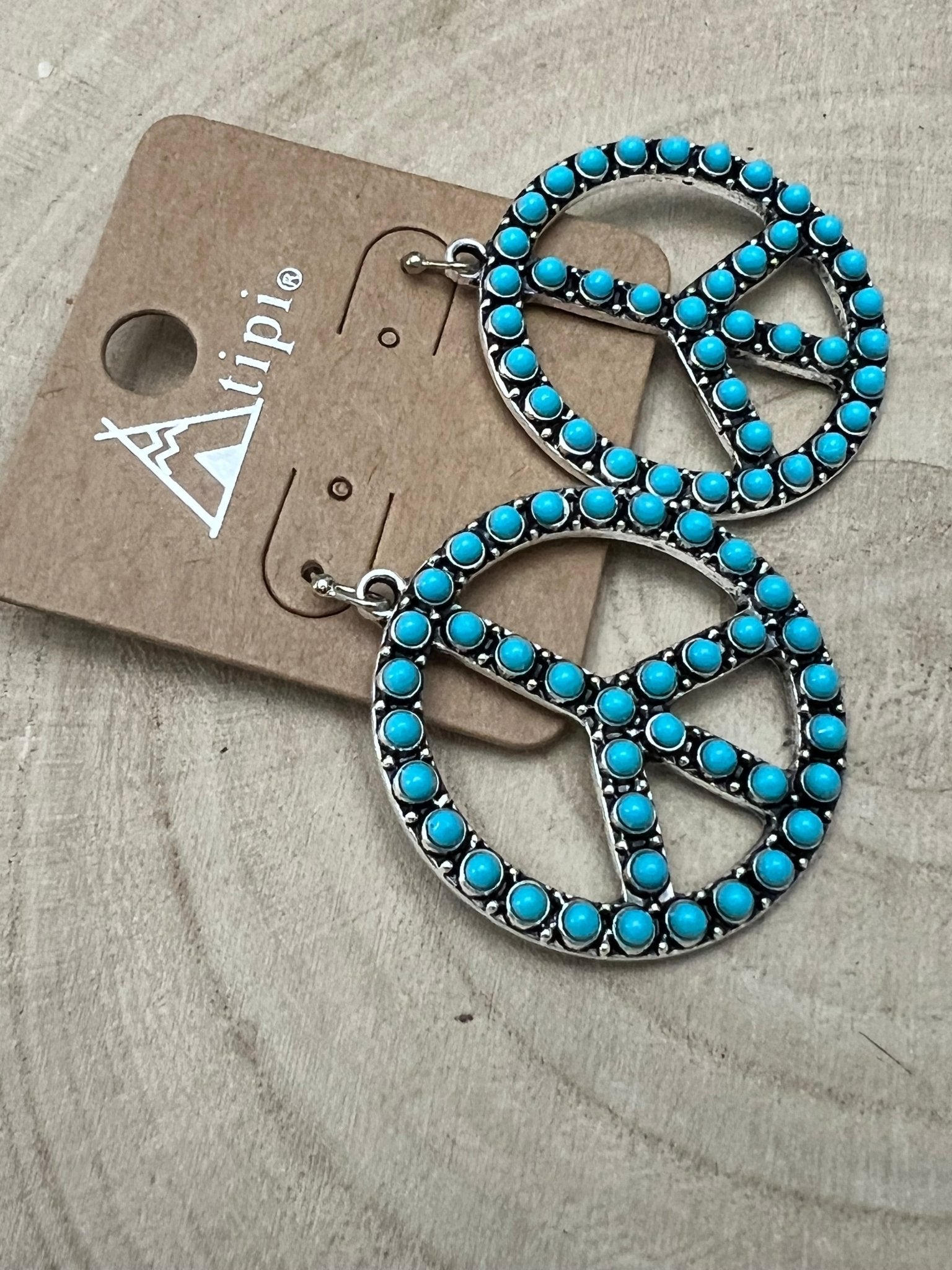 Western Large Peace Sign Dangle Earrings - Cowhide and Conchos