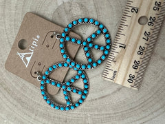 Western Large Peace Sign Dangle Earrings - Cowhide and Conchos