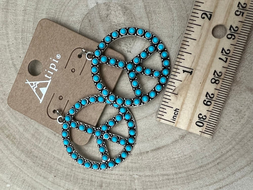 Western Large Peace Sign Dangle Earrings - Cowhide and Conchos