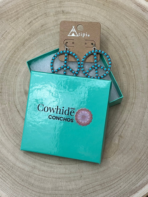 Western Large Peace Sign Dangle Earrings - Cowhide and Conchos