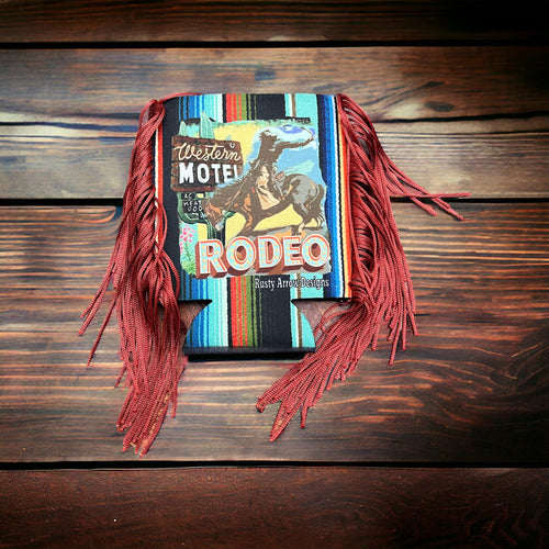 Western Motel Rodeo Fringe Koozie - Cowhide and Conchos