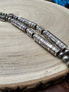 Western Navajo Style Pearl and Aztec Barrel Bead Necklace - 30 inch - Cowhide and Conchos