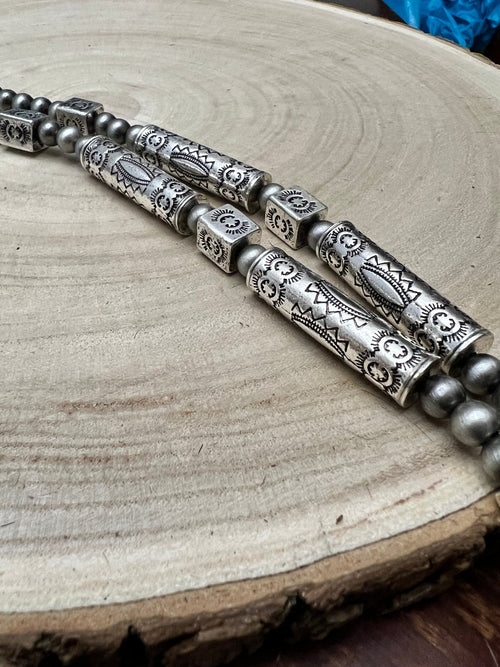 Western Navajo Style Pearl and Aztec Barrel Bead Necklace - 30 inch - Cowhide and Conchos