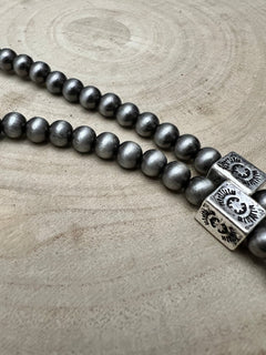 Western Navajo Style Pearl and Aztec Barrel Bead Necklace - 30 inch - Cowhide and Conchos
