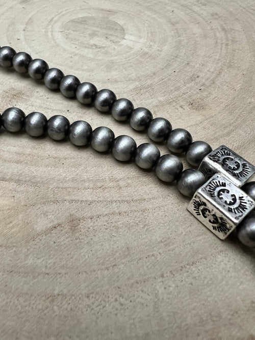 Western Navajo Style Pearl and Aztec Barrel Bead Necklace - 30 inch - Cowhide and Conchos