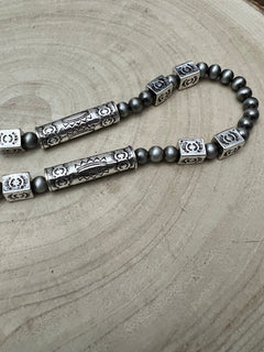 Western Navajo Style Pearl and Aztec Barrel Bead Necklace - 30 inch - Cowhide and Conchos