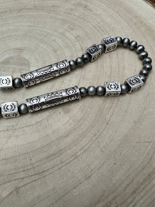 Western Navajo Style Pearl and Aztec Barrel Bead Necklace - 30 inch - Cowhide and Conchos