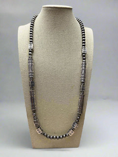 Western Navajo Style Pearl and Aztec Barrel Bead Necklace - 30 inch - Cowhide and Conchos
