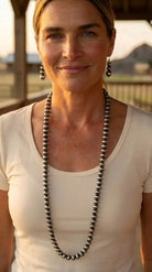 Western Navajo-Style Pearl Necklace & Earring Set — 48 Inch Burnished Silver - Cowhide and Conchos