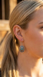 Western Oval Concho Earrings with Faux Turquoise — 1" Drop - Cowhide and Conchos