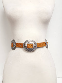 Western Oval Floral Concho Belt hand painted tooled belt - Cowhide and Conchos
