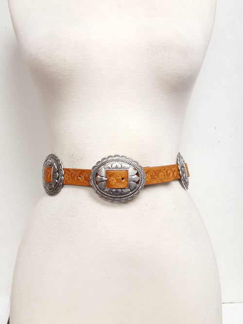 Western Oval Floral Concho Belt hand painted tooled belt - Cowhide and Conchos