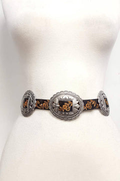 Western Oval Floral Concho Belt hand painted tooled belt - Cowhide and Conchos