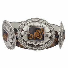 Western Oval Floral Concho Belt hand painted tooled belt - Cowhide and Conchos