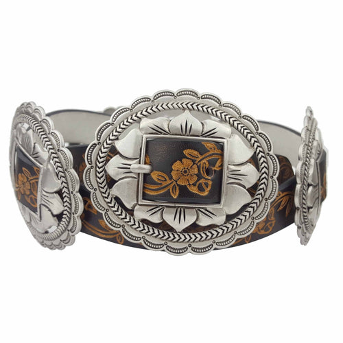 Western Oval Floral Concho Belt hand painted tooled belt - Cowhide and Conchos