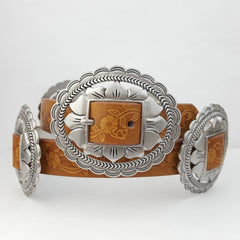 Western Oval Floral Concho Belt hand painted tooled belt - Cowhide and Conchos