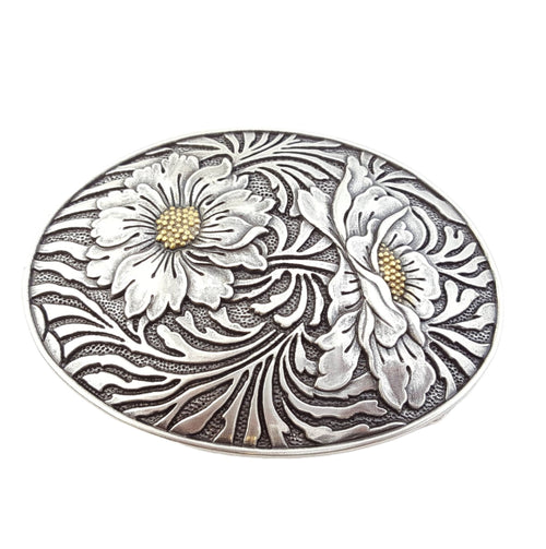 Western Oval Sunflower Buckle - Cowhide and Conchos