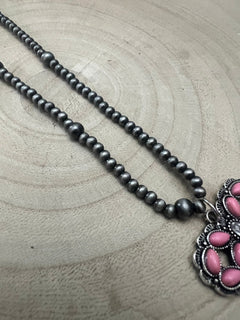 Western Pink Bow and Faux Pearls Necklace - 18 inch +3 - Cowhide and Conchos