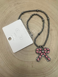 Western Pink Bow and Faux Pearls Necklace - 18 inch +3 - Cowhide and Conchos