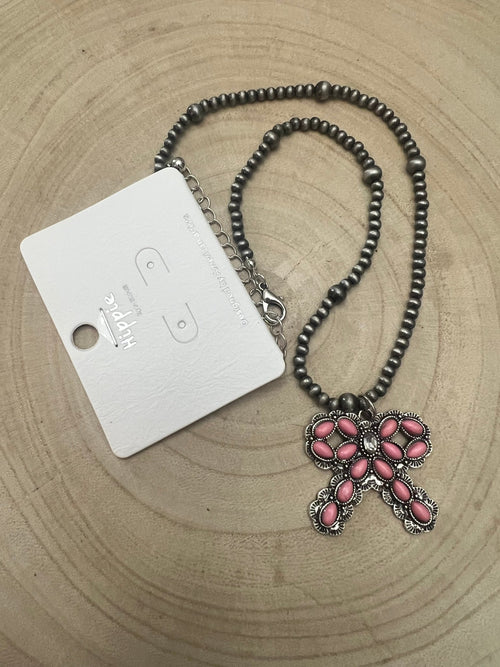 Western Pink Bow and Faux Pearls Necklace - 18 inch +3 - Cowhide and Conchos