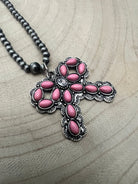 Western Pink Bow and Faux Pearls Necklace - 18 inch +3 - Cowhide and Conchos