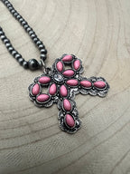 Western Pink Bow and Faux Pearls Necklace - 18 inch +3 - Cowhide and Conchos