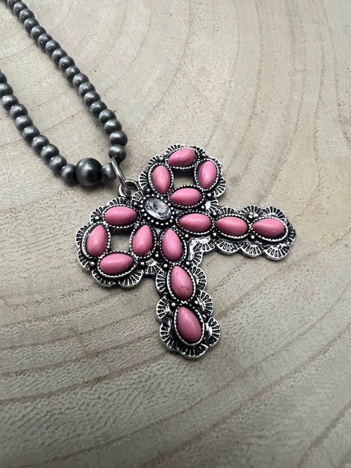 Western Pink Bow and Faux Pearls Necklace - 18 inch +3 - Cowhide and Conchos