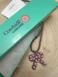 Western Pink Bow and Faux Pearls Necklace - 18 inch +3 - Cowhide and Conchos