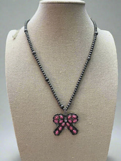 Western Pink Bow and Faux Pearls Necklace - 18 inch +3 - Cowhide and Conchos