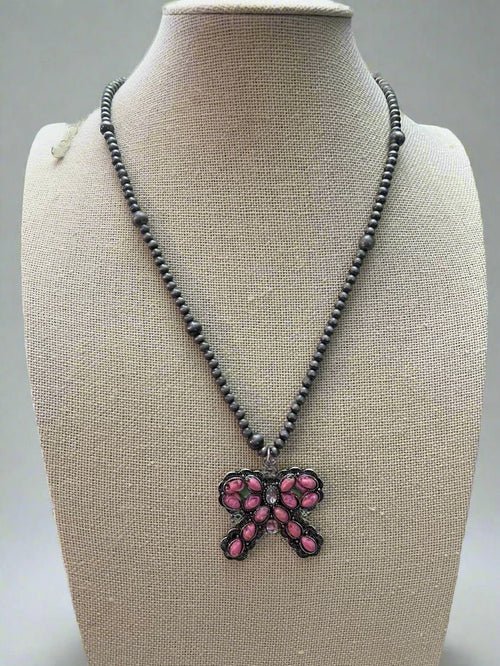 Western Pink Bow and Faux Pearls Necklace - 18 inch +3 - Cowhide and Conchos