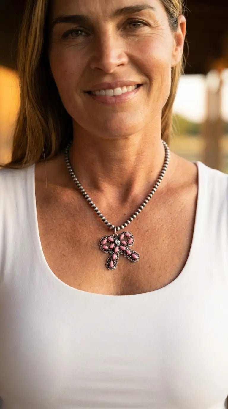 Western Pink Bow Pearl Necklace — Faux Pearls with Pink Bow Detail (18 Inch) - Cowhide and Conchos