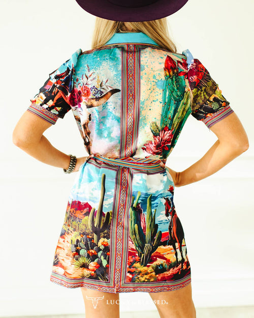 Western Printed Pearl Snap Dress - Cowhide and Conchos