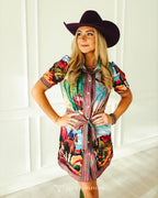 Western Printed Pearl Snap Dress - Cowhide and Conchos