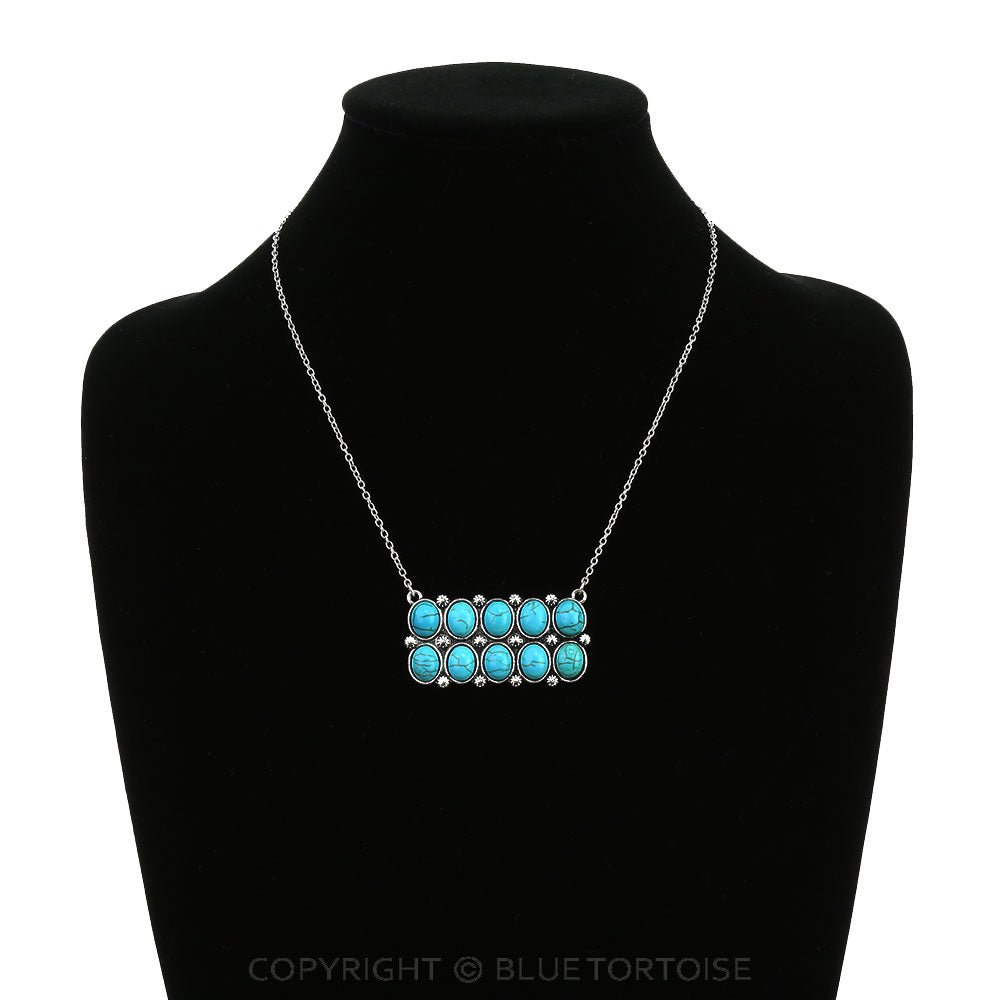 Western Rectangle Faux Turquoise Pendant Necklace - 18 inch - Cowhide and Conchos