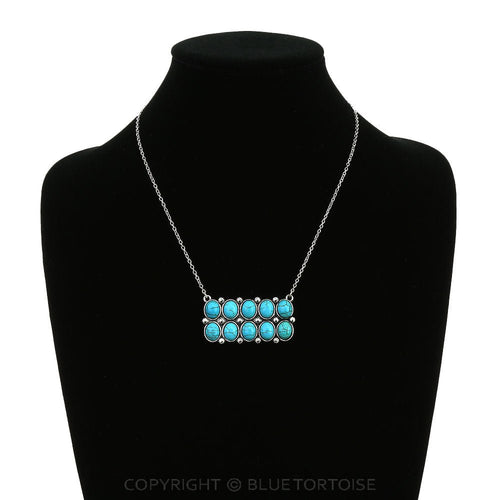 Western Rectangle Faux Turquoise Pendant Necklace - 18 inch - Cowhide and Conchos